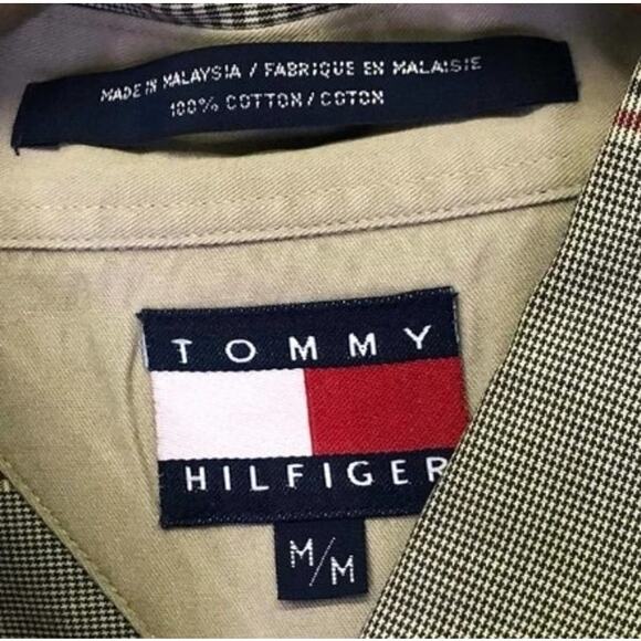 Tommy Hilfiger Mens Tan Black Red Plaid Logo Long Sleeve Button Down Shirt M - Picture 3 of 3